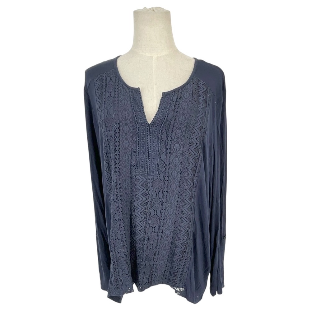 rxb Indigo Blue Lace Front Split Neck Roll Tab Sleeve Tunic Top XL Boho